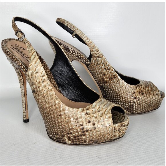 GUCCI vintage 37 natural Python Leather Stiletto PLATFORM slingback shoes Authen - Picture 1 of 5